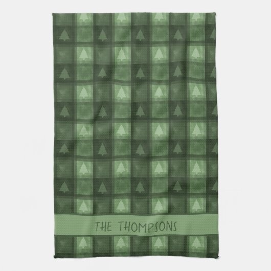 Green Tree Plaid With Custom Family Name Christmas Theedoek (Verticaal)
