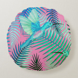 Green Tropical Bird & Floral Print Round Pillow Rond Kussen