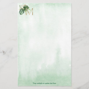 Green Tropical Leaf Gold Monogram Letter M Briefpapier