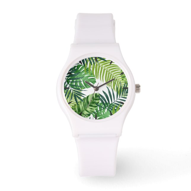 Green Tropical Leaves Horloge (Voorkant)