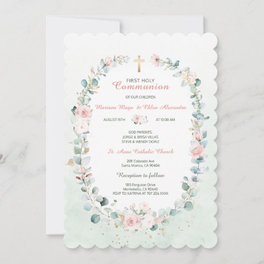 Green Twin Communion Girls Invitations (Devant)