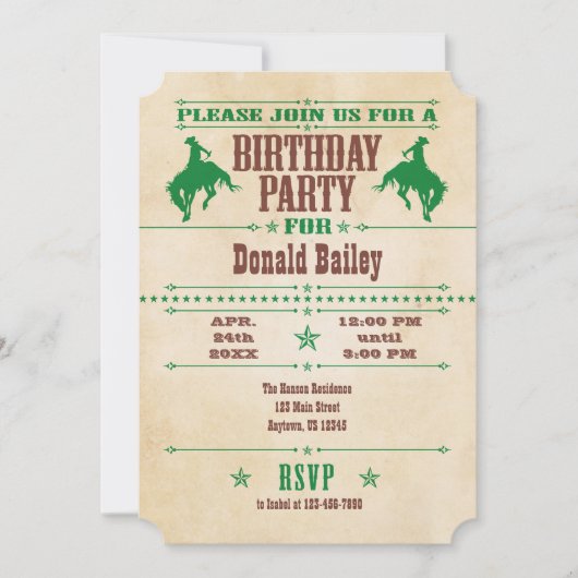 Green Vintage Cowboy Invitation d'anniversaire (Devant)