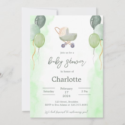 Green Watercolor Cute Baby shower Invitation (Devant)