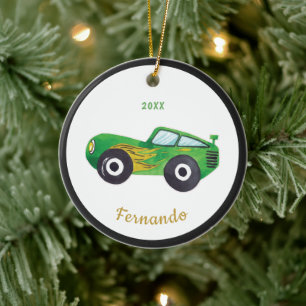 Green Waterverf Racing Car Name Dated Childish Keramisch Ornament