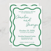 Green Wavy Retro Faire-part de mariage (Devant / Derrière)