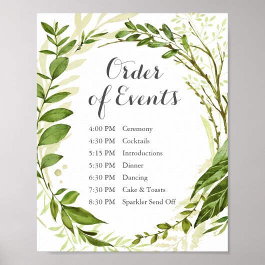 Green Wedding Order of Events Sign Rustic Greenery Poster (Voorkant)