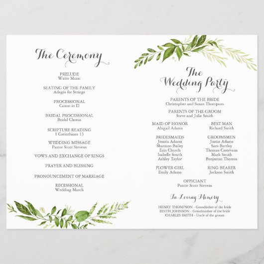 Green Wedding Program Booklets, Rustic Greenery Flyer (Achterkant)