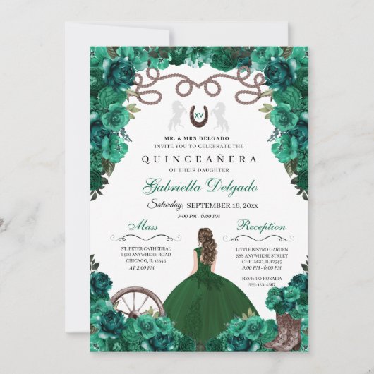 Green Western Charra Girl Ranchero Quinceanera Kaart (Voorkant)