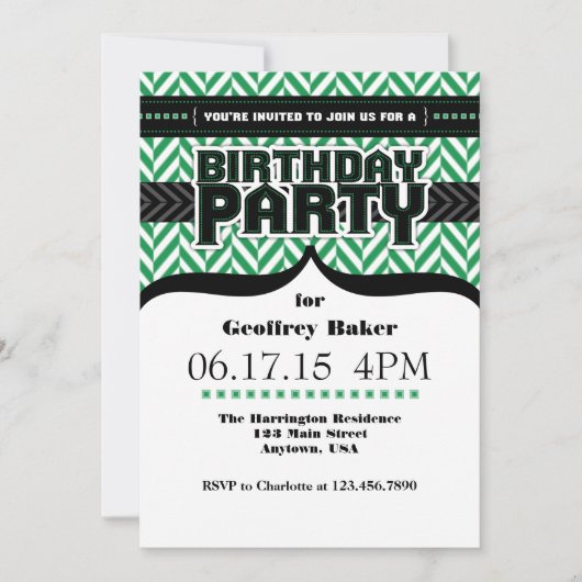 Green White Black Herringbone Birthday Invite Kaart (Voorkant)