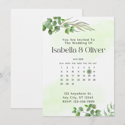 Green & White  Botanical Wedding invitation (Devant / Derrière)