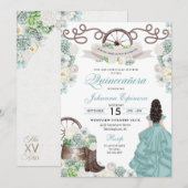 Green White Cacti Western Boots Charra Quinceañera Kaart (Voorkant / Achterkant)