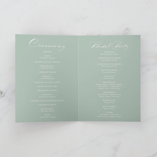 Green White Calligraphy Folded Wedding Programme Programma (Binnen)