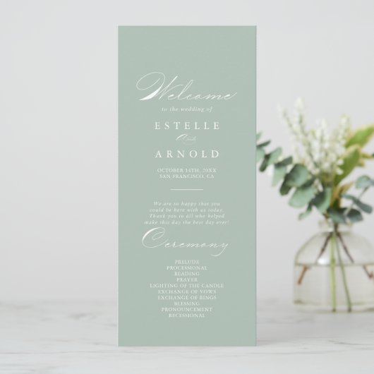 Green White Calligraphy Wedding Programme (Debout devant)