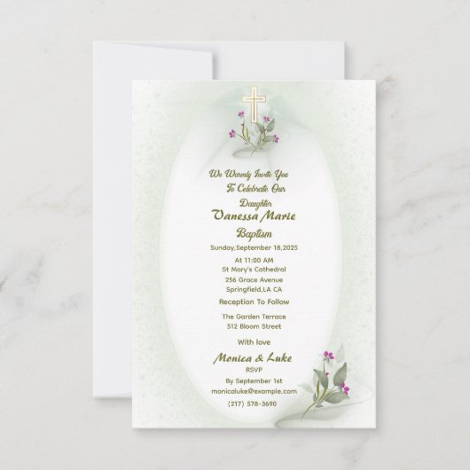 Green&White floral Baptême invitation plat (Devant)