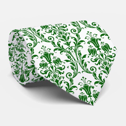 Green White Floral Damask Stropdas (Opgerold)