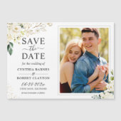 Green White Floral Photo Save the Date Magnet (Devant)