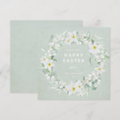 Green + White Floral Wreath Happy Pâques Carte Pla (Devant / Derrière)