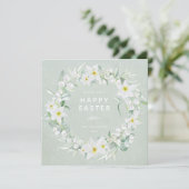 Green + White Floral Wreath Happy Pâques Carte Pla (Debout devant)