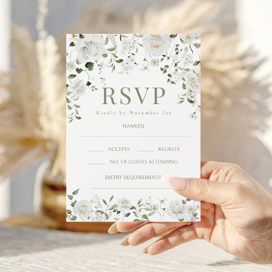 Green White Flowers Eucalyptus Wedding RSVP cards