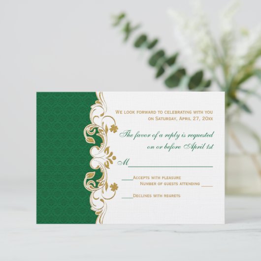 Green White Gold Scroll, Shamrocks RSVP-kaart Kaart (Staand voorkant)