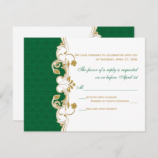 Green White Gold Scroll, Shamrocks RSVP-kaart RSVP Kaartje (Voorkant / Achterkant)