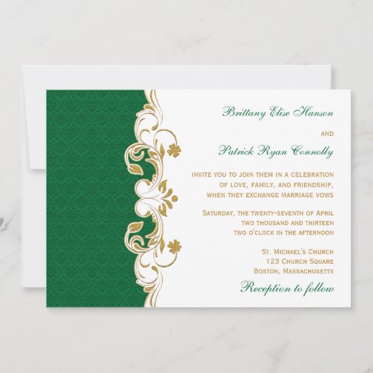 Green White Gold Scroll, Shamrocks Wedding Invite Kaart (Voorkant)