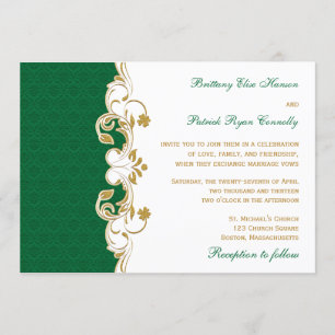 Green White Gold Scroll, Shamrocks Wedding Invite Kaart
