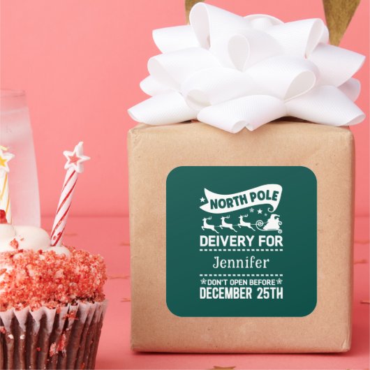 GREEN & White North Pole SANTA Delivery Name Vierkante Sticker (Feest)