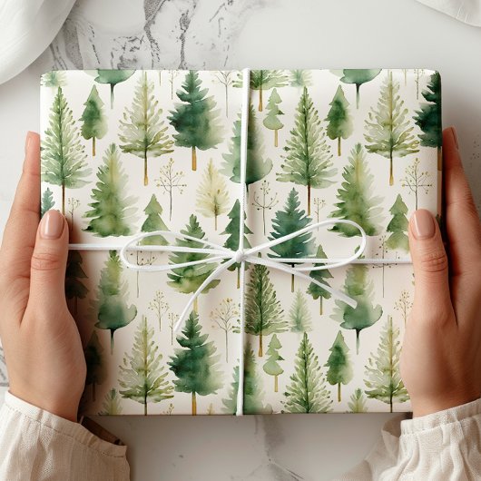 Green White Pine Tree Holiday Wrapping Paper Cadeaupapier