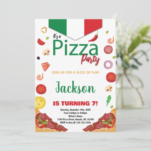 Green White Red Pizza Invitations Anniversaire (Debout devant)