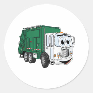 Green White Smiling Garbage Truck Cartoon Ronde Sticker