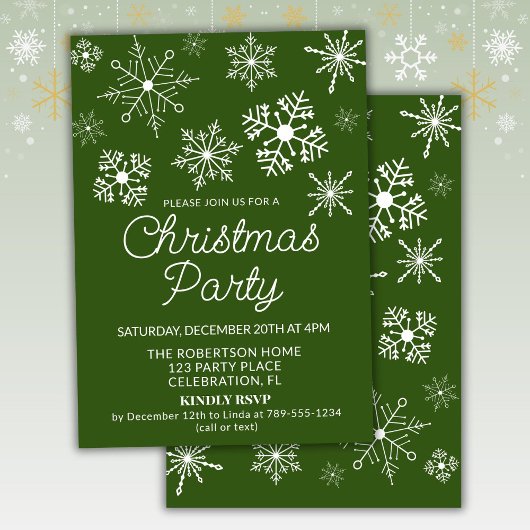 Green White Snowflakes Christmas Party Invitation