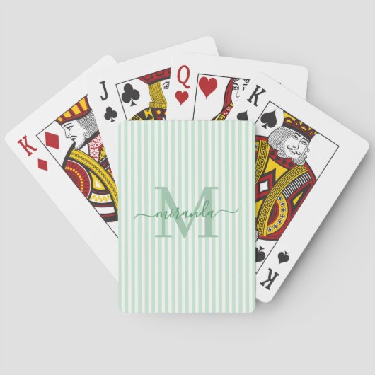 Green & White Striped Monogram Name Pokerkaarten (Achterkant)