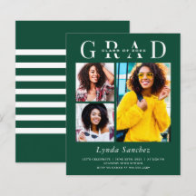 Green White Stripes 3 Photo Graduation Invitations
