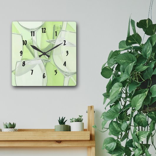Green Wine Glasses Numbered Wall Clock Vierkante Klok