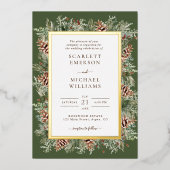 Green Winter Gold Foil Invitations de mariage (Recto)