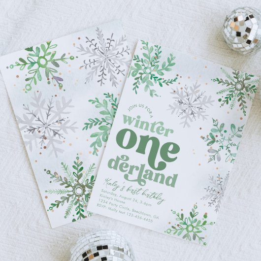 Green Winter Onederland Anniversaire Invitation