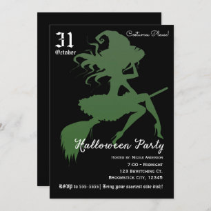 Green Witch Flying Broomstick Halloween Party Kaart