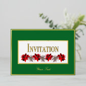 Green With Red Poinsettias Foil Invitation (Debout devant)