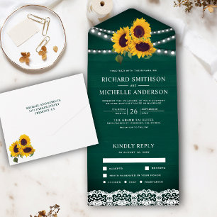 Green Wood Lace String Lights Sunflower Wedding All In One Uitnodiging