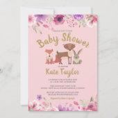 Green Woodland Animals Roze Bloemen Baby shower Kaart (Voorkant)