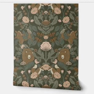 Green Woodland Block Print Damask Behang