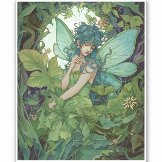 Green Woodland Fairy Fantasy Art Sticker (Voorkant)
