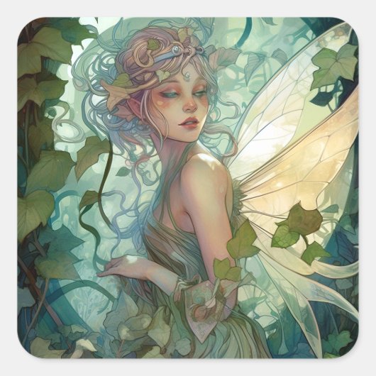 Green Woodland Fairy Fantasy Art Vierkante Sticker (Voorkant)