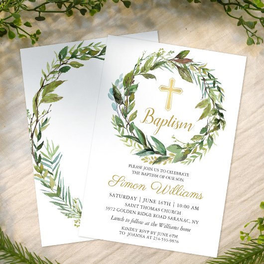 Green Wreath Gold Cross Boy Baptism Invitation
