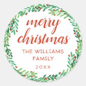 Green Wreath Merry Kerstmis Ronde Sticker (Voorkant)