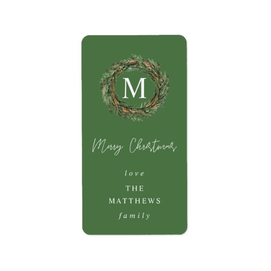 Green Wreath Monogram Merry Kerstmis Etiket (Voorkant)