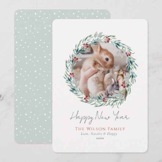 Green Wreath Photo Nouvel An Carte de vacances (Devant / Derrière)
