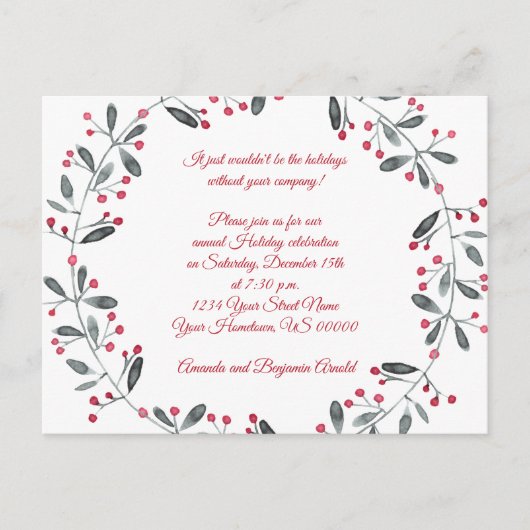 Green Wreath Red Berries Fête Invitation (Devant)