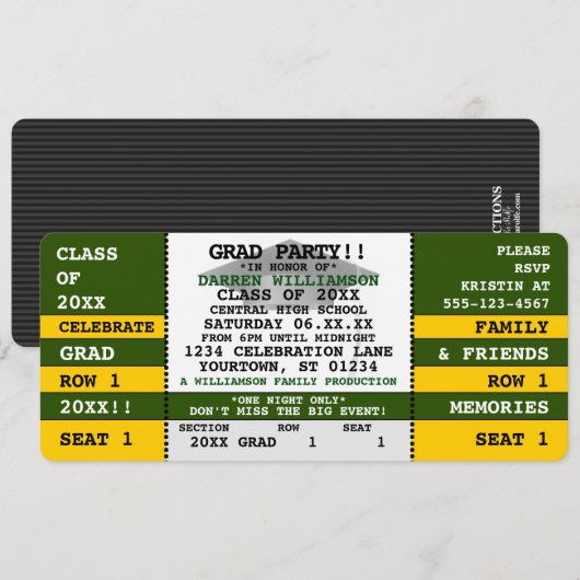 Green|Yellow Concert Ticket Grad Party Invitation (Devant / Derrière)